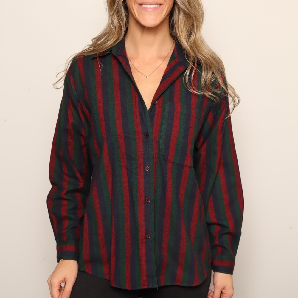 Vintage SAGE Men's Striped Green and Red Casual Button Shirt - Picture 4 of 5
